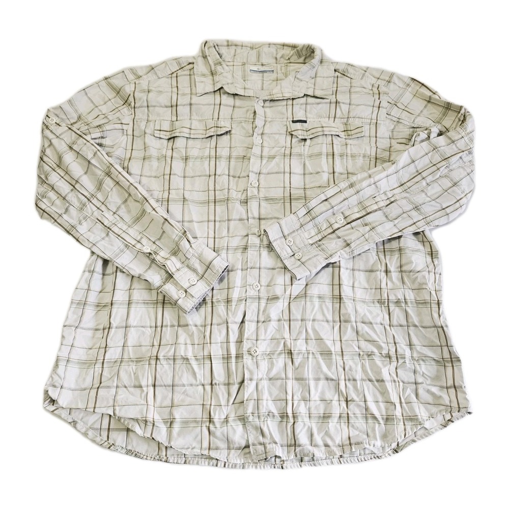 Columbia Mens White/Cream Plaid Long Sleeve Button Up Nylon Shirt Size XL